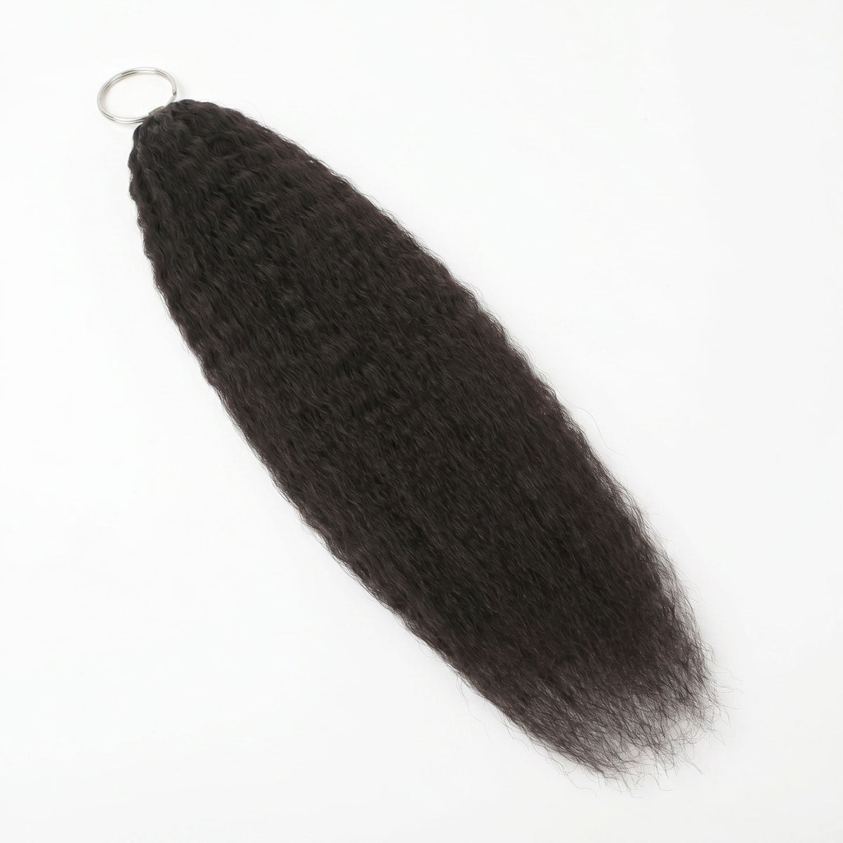 Whole piece of natural black kinky straight feather crochet hair extensions on white with the metal ring at the bound loop end