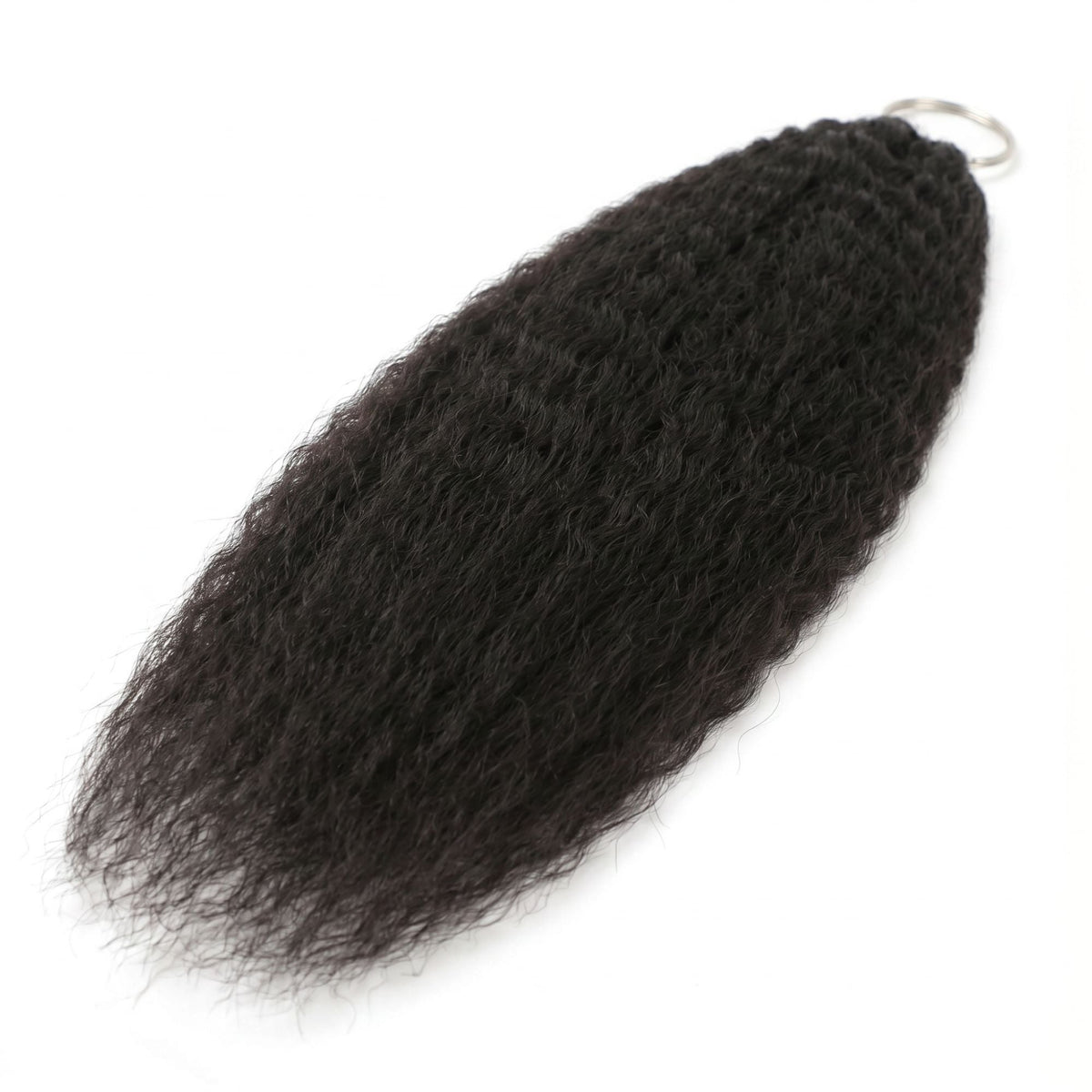 Natural black kinky straight feather crochet hair extensions laid diagonally on white with the metal ring at the looped end