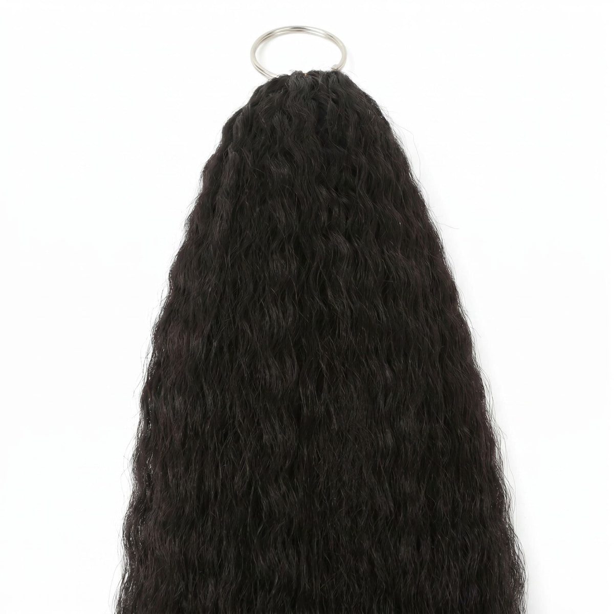 Close-up of the looped end and metal ring on natural black kinky straight feather crochet hair extensions