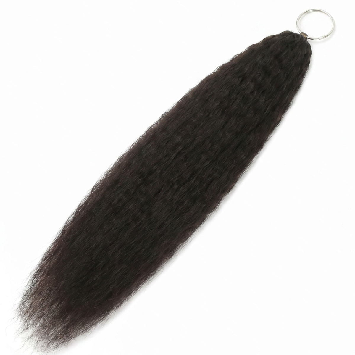 Natural black kinky straight feather crochet hair extensions laid diagonally on white with the metal ring at the bound loop end