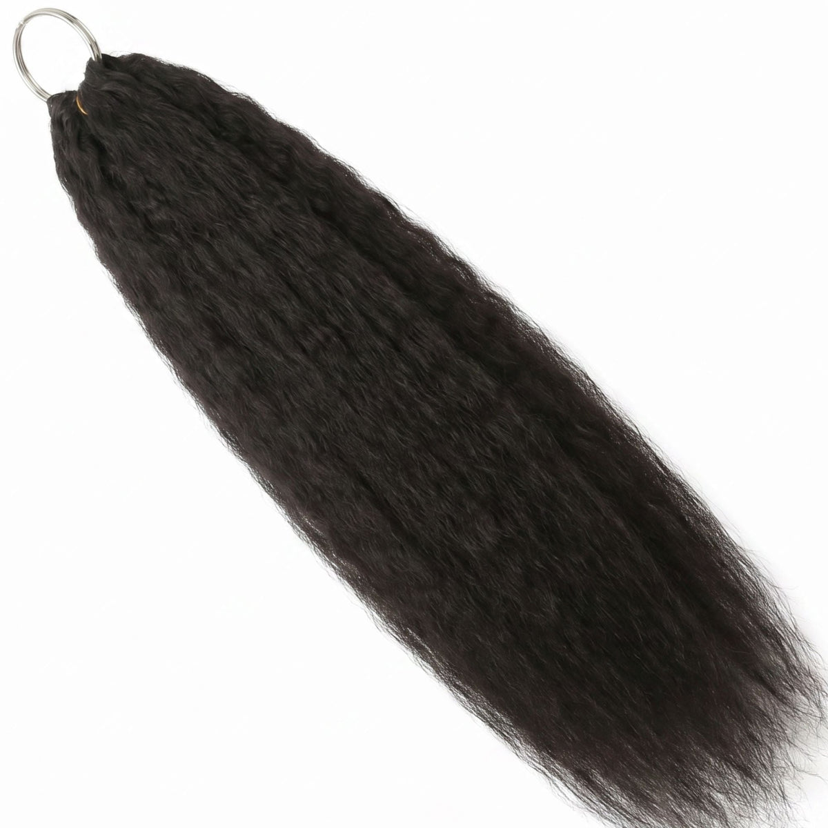 Natural black kinky straight feather crochet hair extensions laid flat on white with the looped end on a metal ring