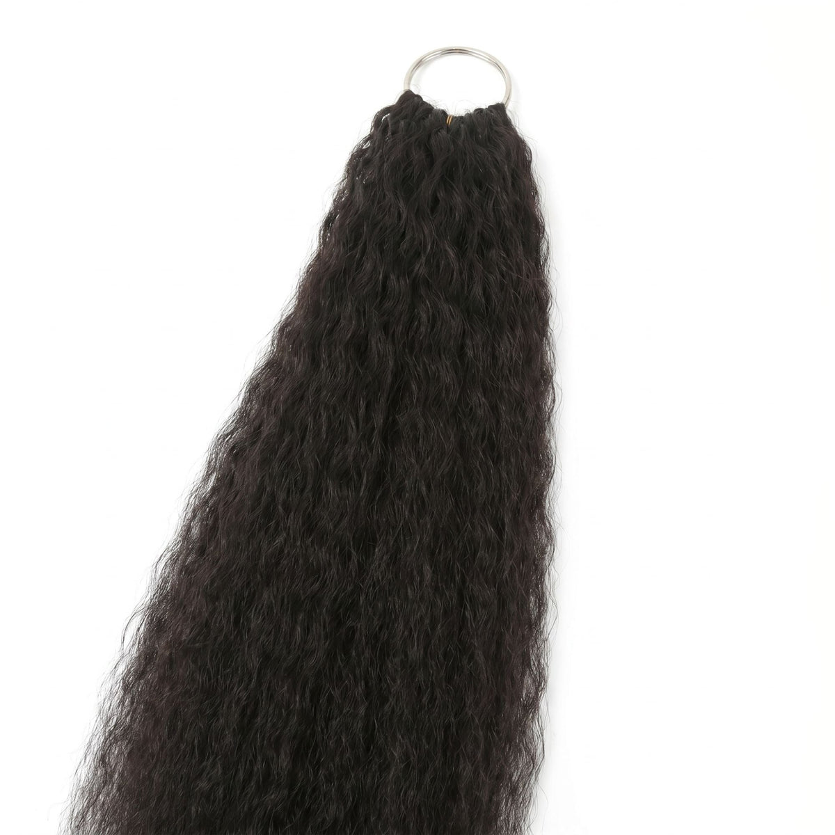 Natural black kinky straight feather crochet hair extensions seen below the metal ring showing the crimped texture down the piece