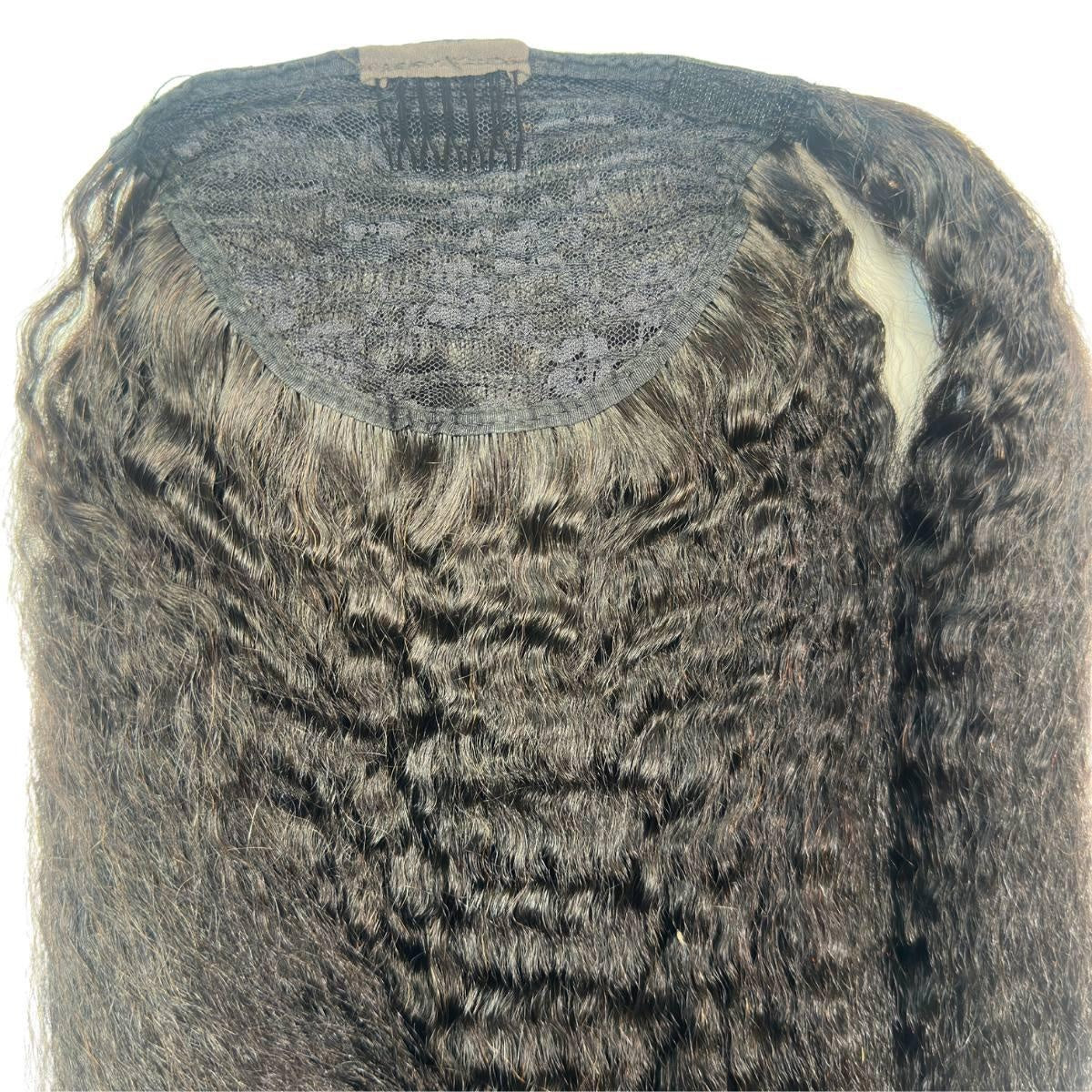 Kinky Straight Ponytail - Back of natural black 1B kinky straight ponytail showing lace mesh cap base and insertion comb attachment