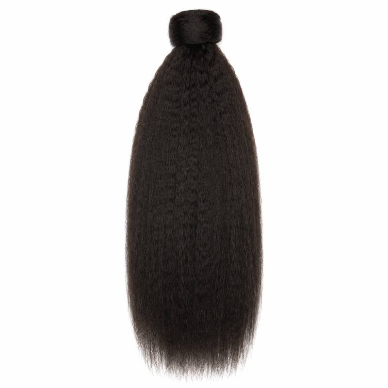 Natural black kinky straight ponytail hair extensions laid flat on white showing the whole piece and the wrap tab at the top