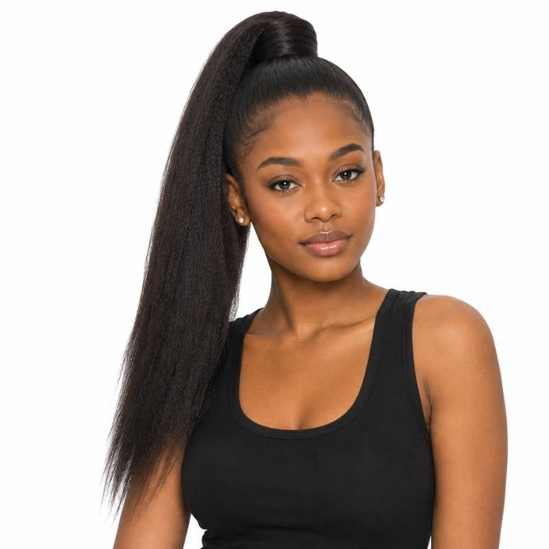 Model wearing natural black kinky straight ponytail hair extensions in a high ponytail with a wrapped base and pulled back front