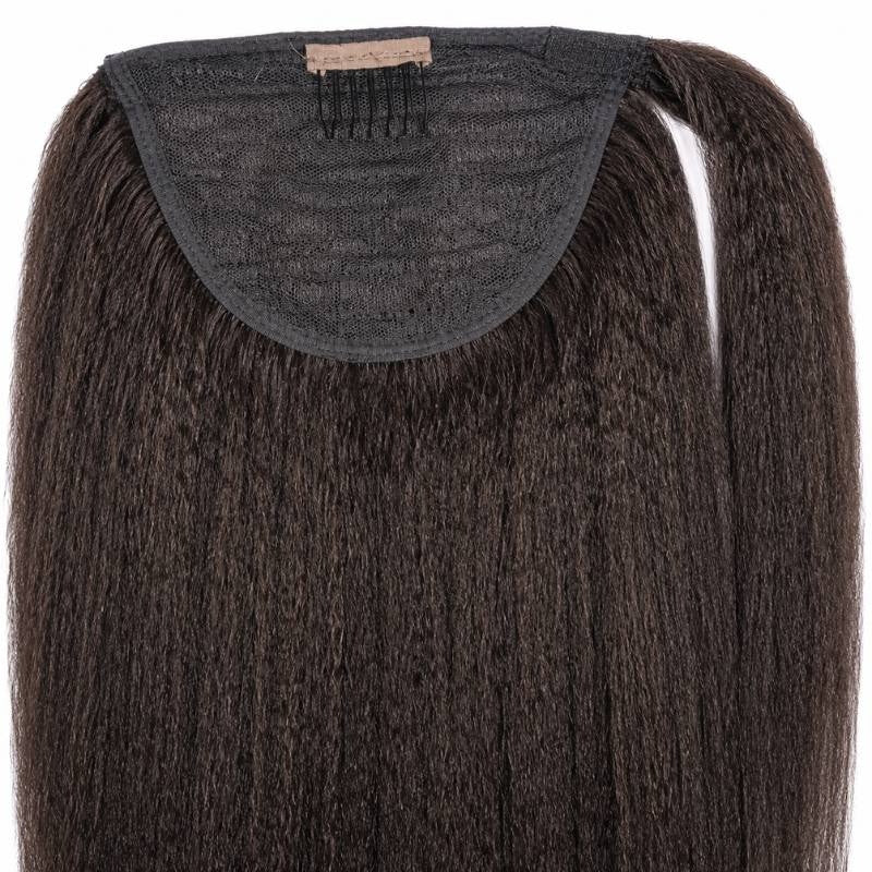 Interior of the wrap on natural black kinky straight ponytail hair extensions showing the mesh panel with a comb at the top edge