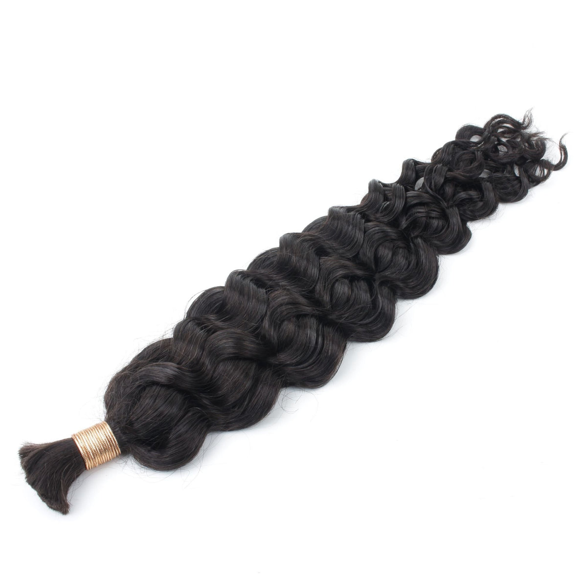Full bundle of natural black wavy bulk braiding hair extensions laid on white showing the tie band and curled tips