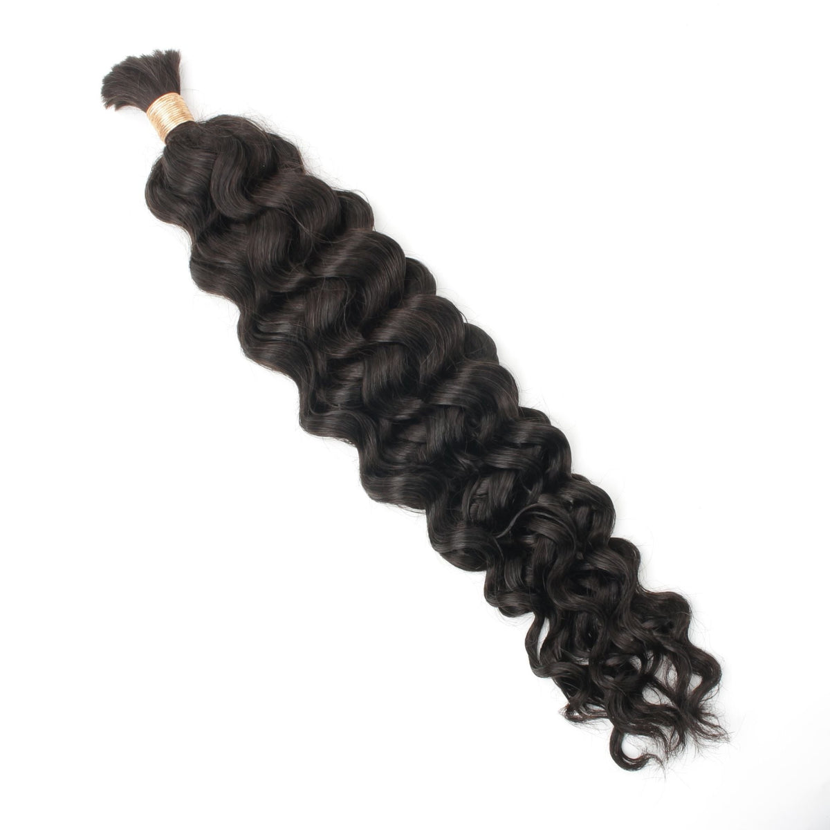 Single bundle of natural black wavy bulk braiding hair extensions tied at the top and laid diagonally on a white background
