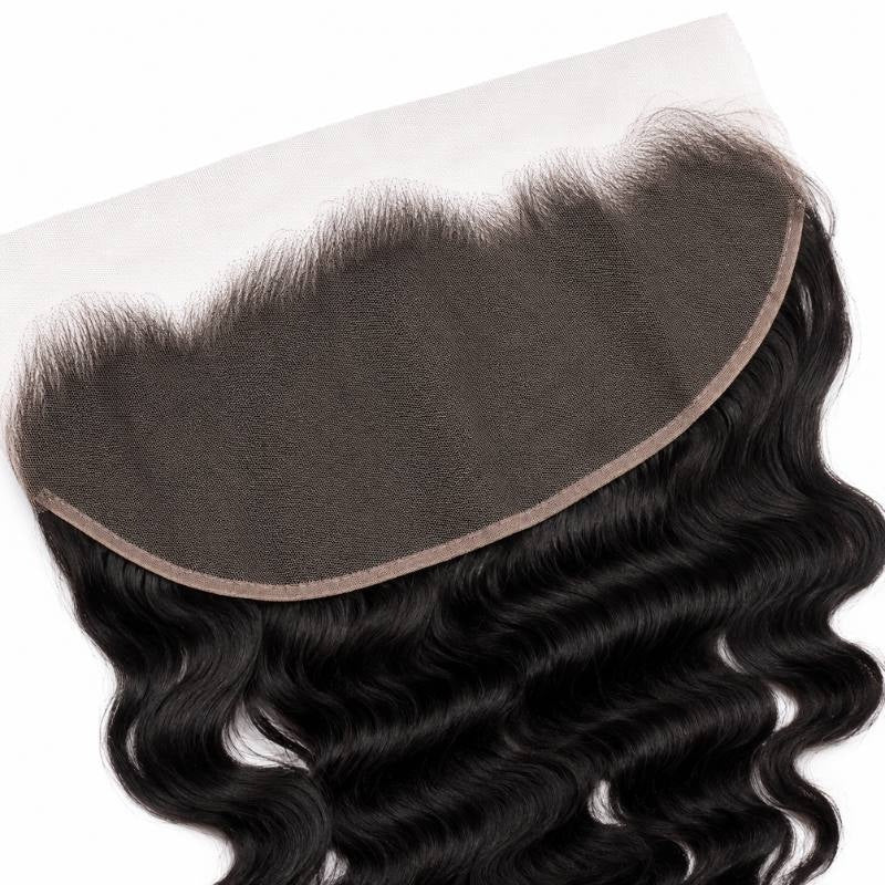 Angled close-up of the lace panel and fine hairline on natural black loose wave lace frontal hair extensions