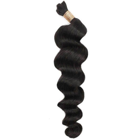 Hair Extensions - Loose Wave Bulk Human Braiding Hair - Natural Black (1B) - full bundle length display