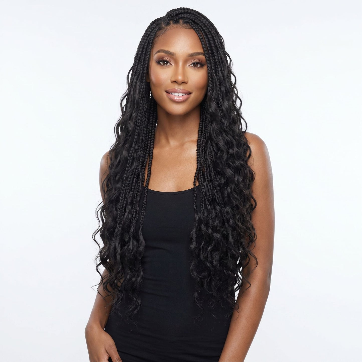 Model wearing long knotless braids with loose wave ends in natural black bulk braiding hair extensions on a white background