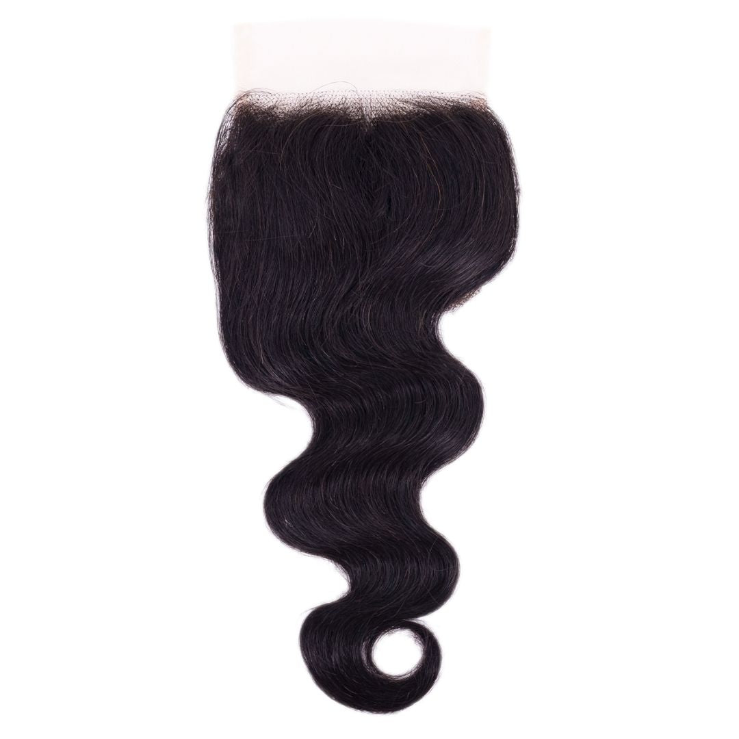 Hair Extensions - Malaysian Body Wave 4x4 Transparent Closure - Natural Black (1B) - closure piece top view