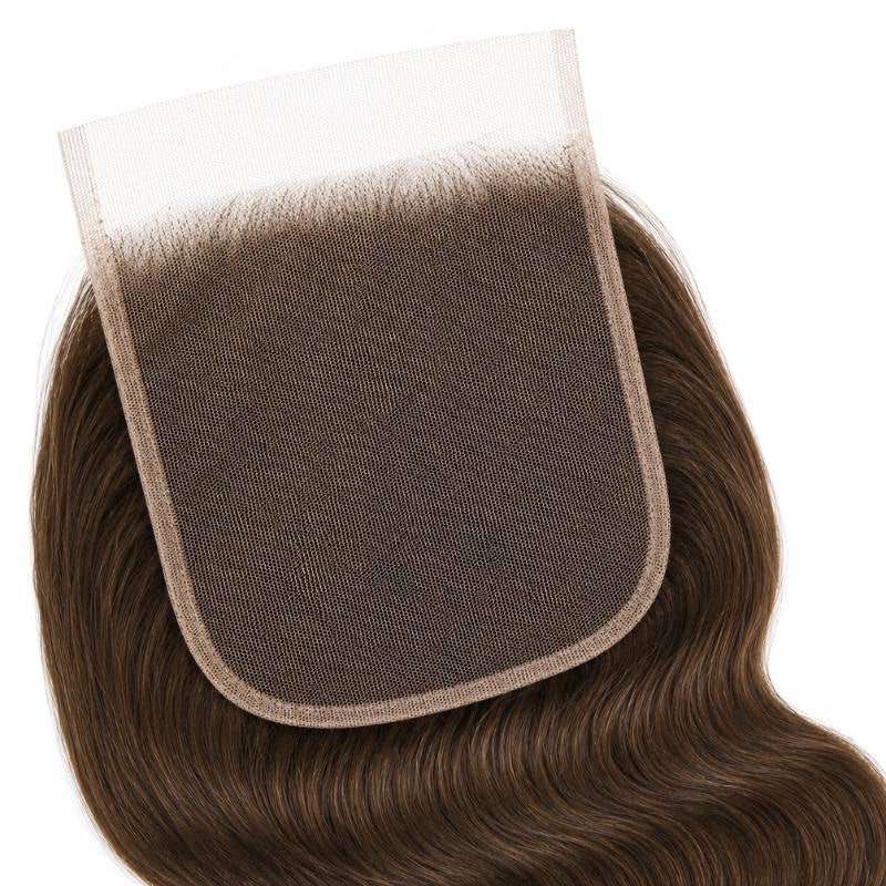 Close-up of the lace base and knotted hairline on medium brown body wave lace closure hair extensions