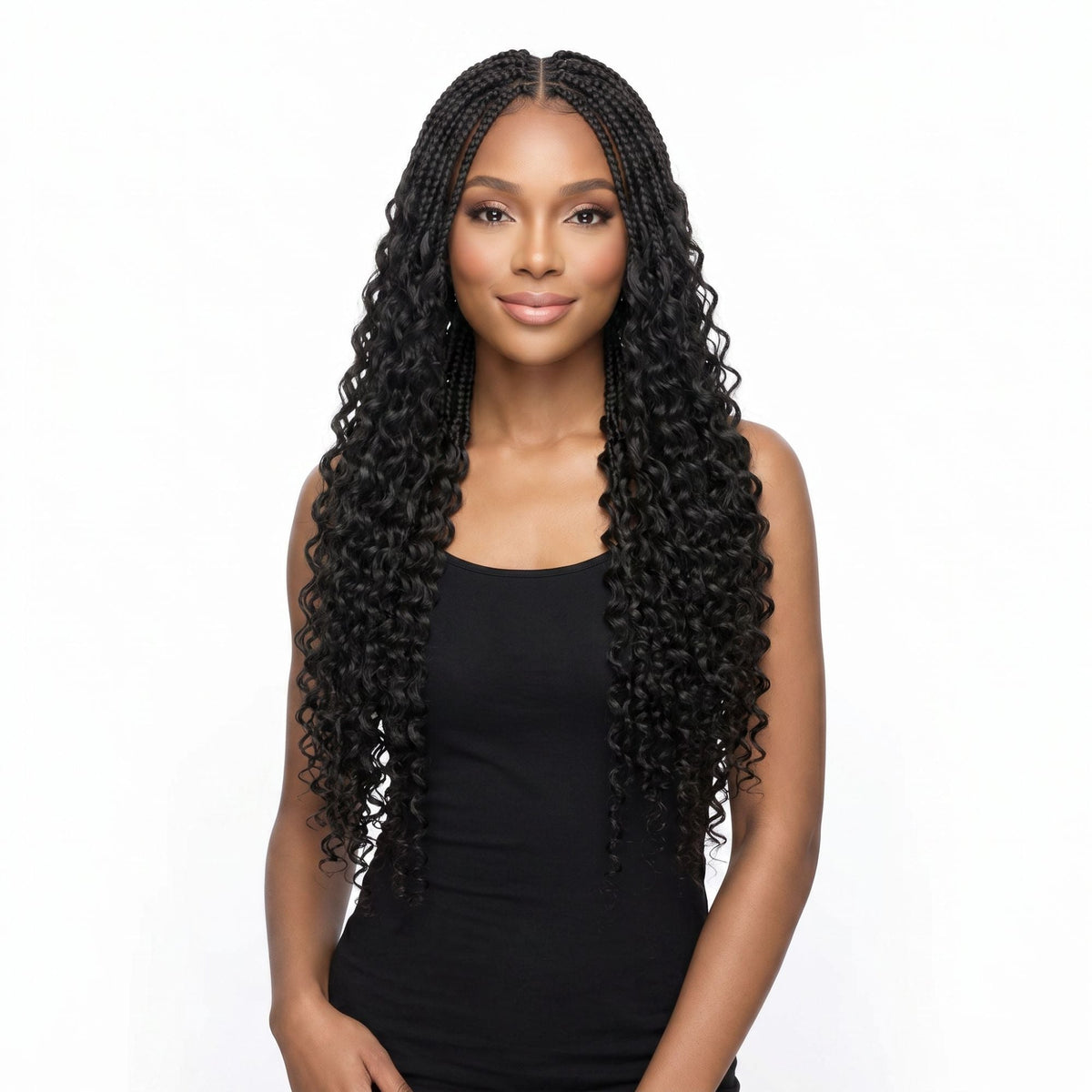 Model facing forward wearing boho braids with ocean wave curly ends in natural black crochet hair extensions on a white background