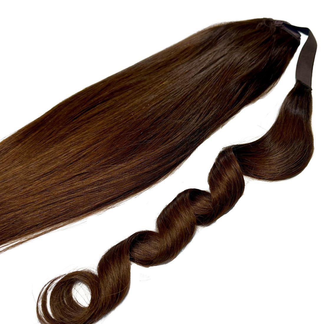 Hair Extensions - Ponytail - Dark Brown (4) - full ponytail laid flat with curled ends