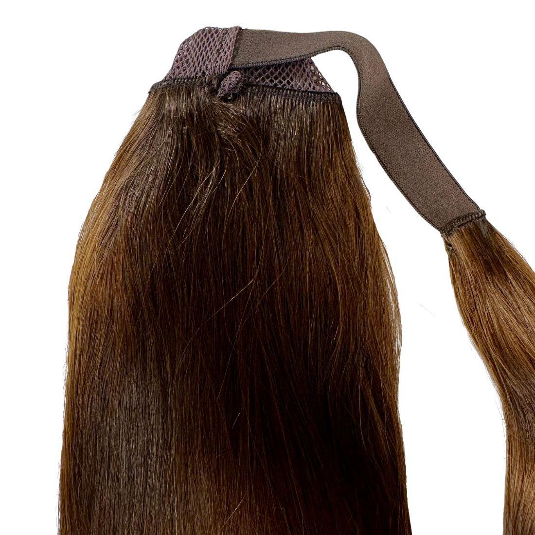 Hair Extensions - Ponytail - Dark Brown (4) - stitching and wrap strap top view