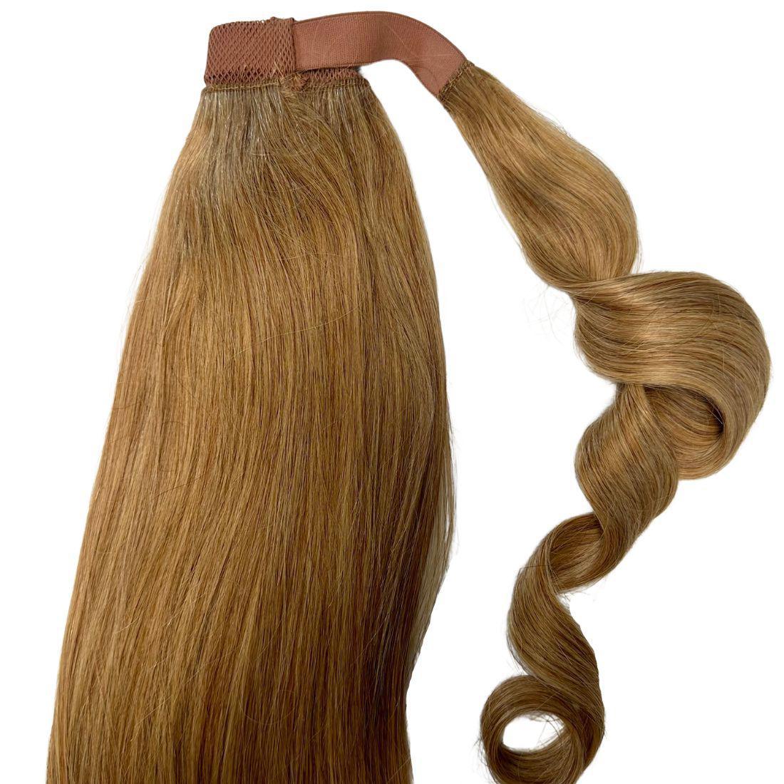 Hair Extensions - Ponytail - Honey Blonde (27) - hanging length display with curled wrap strap
