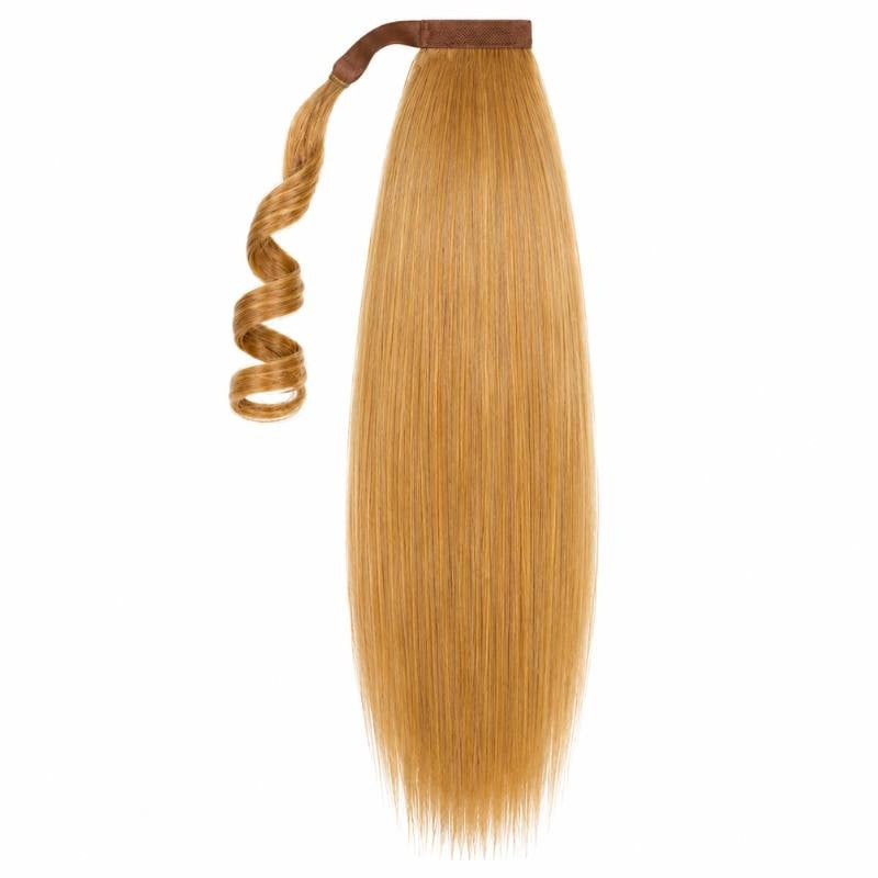Whole honey blonde straight ponytail hair extensions piece standing upright with the wrap strand coiled beside the fastening band