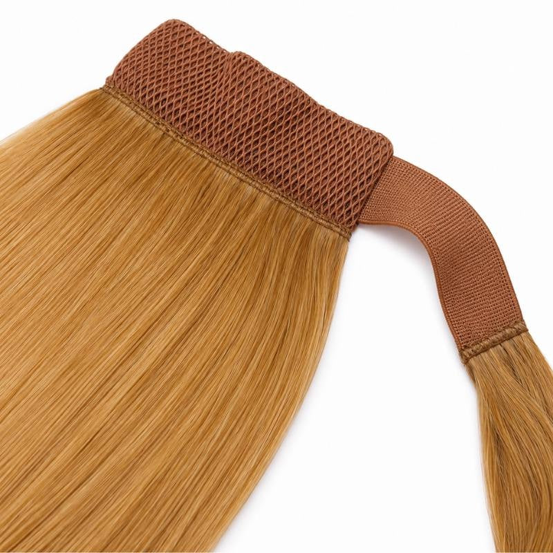 Close-up of the mesh band and wrap strap sewn to the top of honey blonde straight ponytail hair extensions