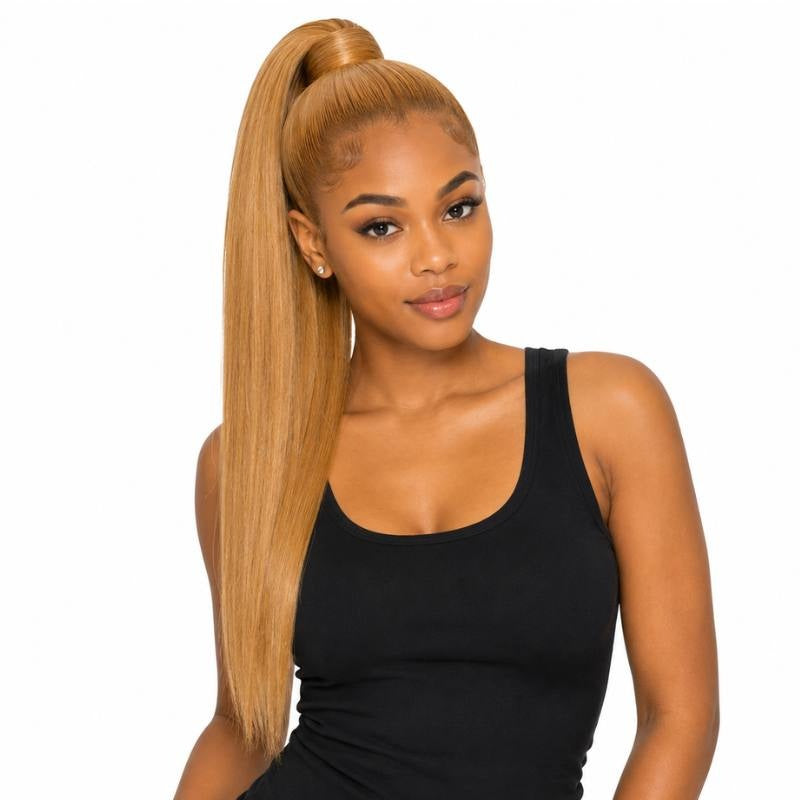 Model facing the camera wearing a high sleek ponytail in honey blonde straight hair extensions with laid edges and a wrapped base