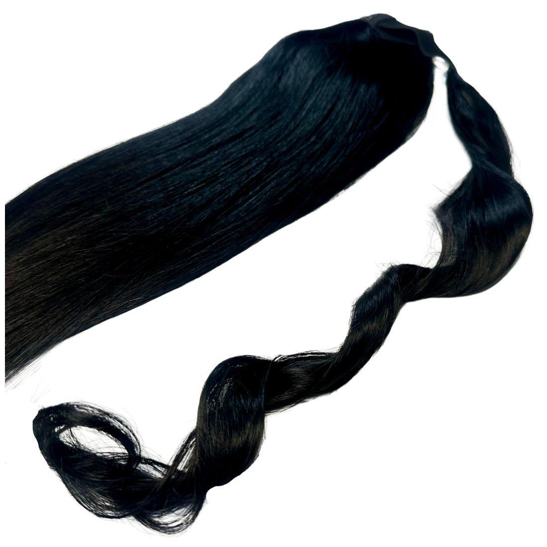 Hair Extensions - Ponytail - Jet Black (1) - full length with curled wrap strap ends