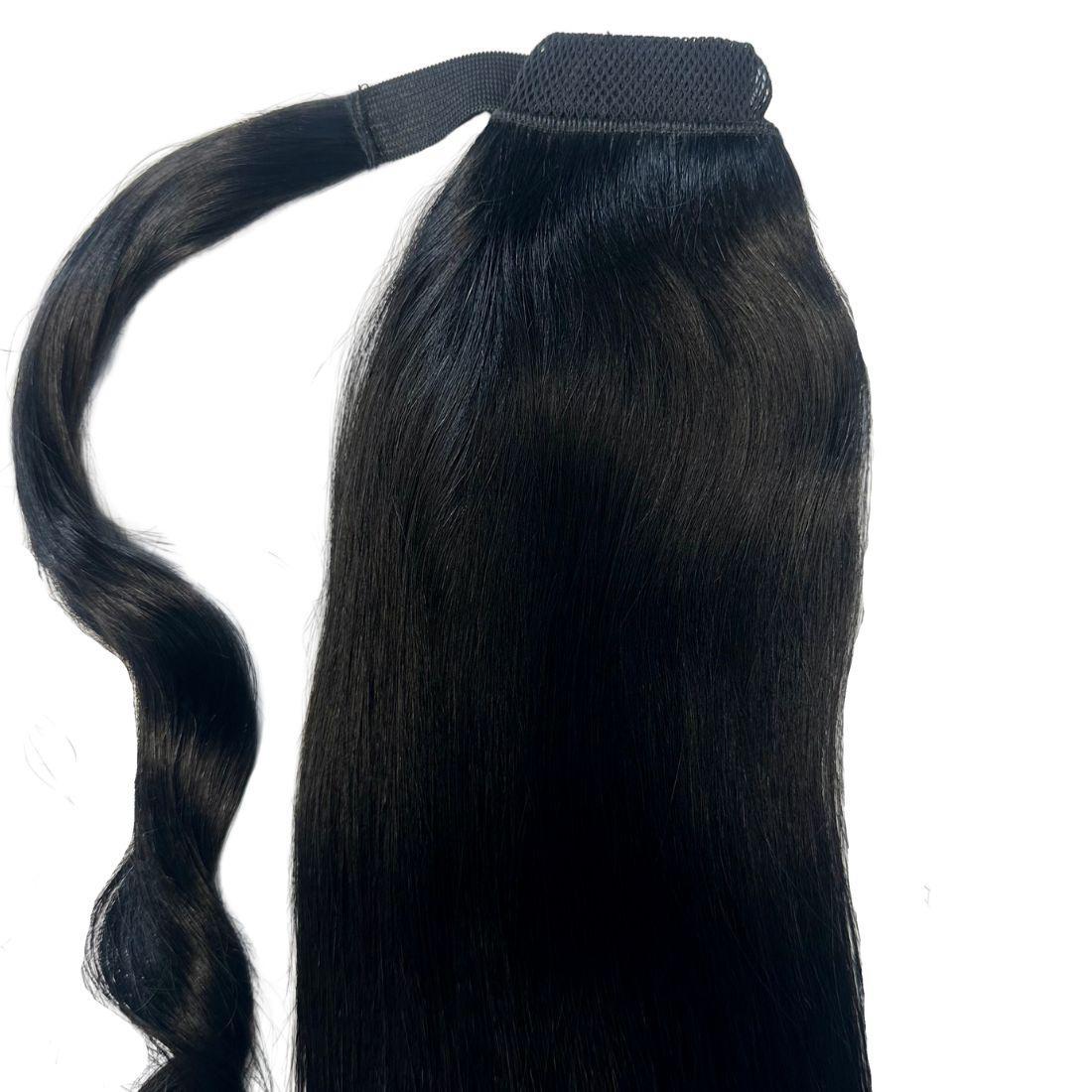 Hair Extensions - Ponytail - Jet Black (1) - hanging display with mesh base visible