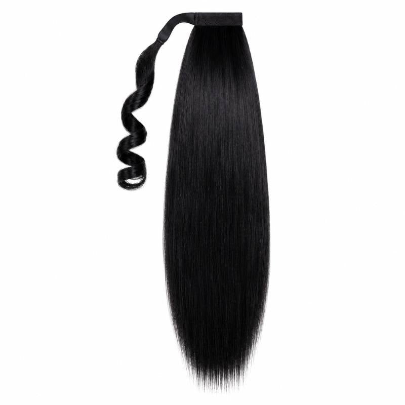 Whole jet black straight ponytail hair extensions piece shown upright with the wrap strand spiralling beside the fastening band