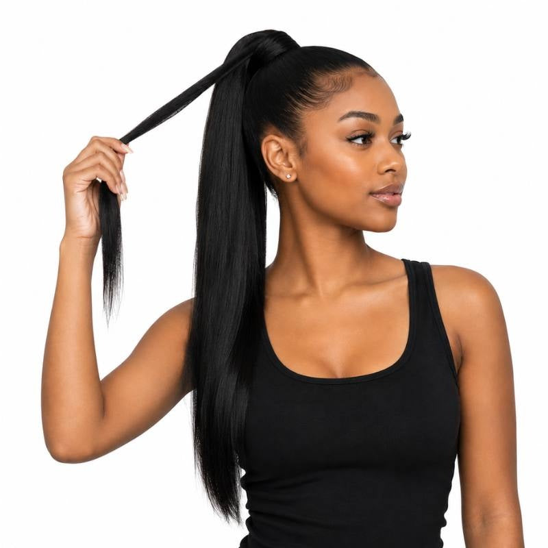 Model holding a section of jet black straight ponytail hair extensions away from her head to show the wrapped base of the high ponytail