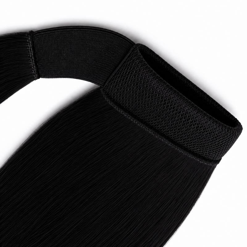 Close-up of the mesh band and fabric wrap strap at the top of jet black straight ponytail hair extensions