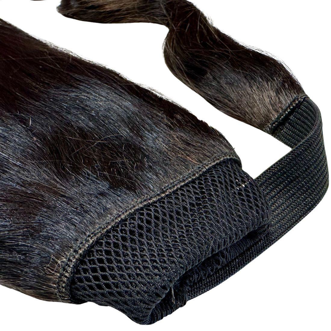 Hair Extensions - Ponytail - Natural Black (1B) - wrap-around base with mesh detail close-up
