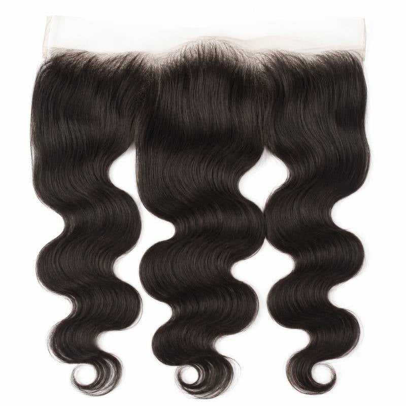 Natural black body wave lace frontal hair extensions laid flat with the hair split into three parts across the lace panel