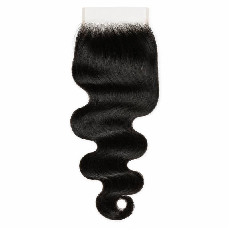 Natural black body wave lace closure hair extensions shown from the front with the square lace panel and waves running to a curled tip
