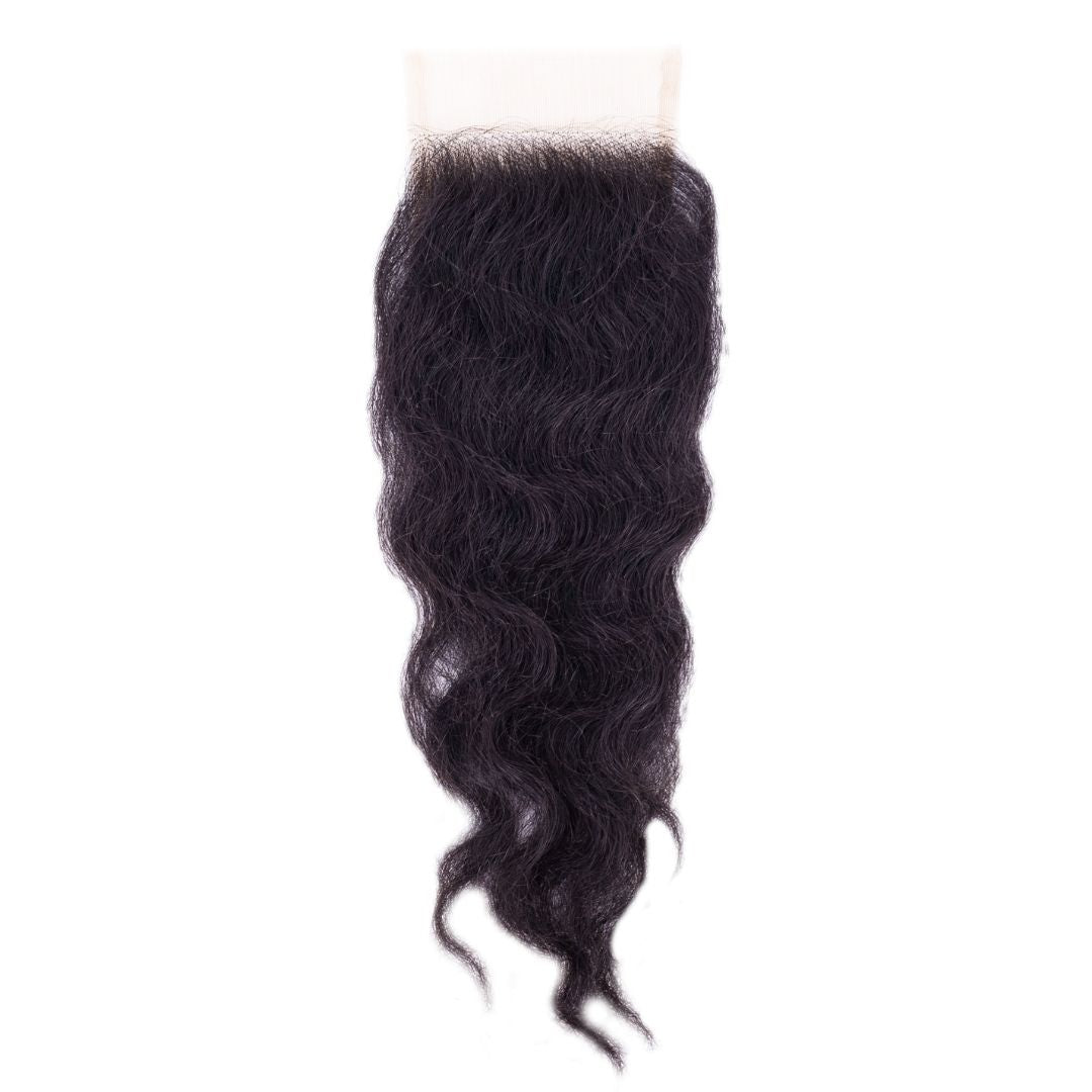 Hair Extensions - Raw Indian Curly 4x4 Transparent Closure - Natural Black (1B) - closure piece top view