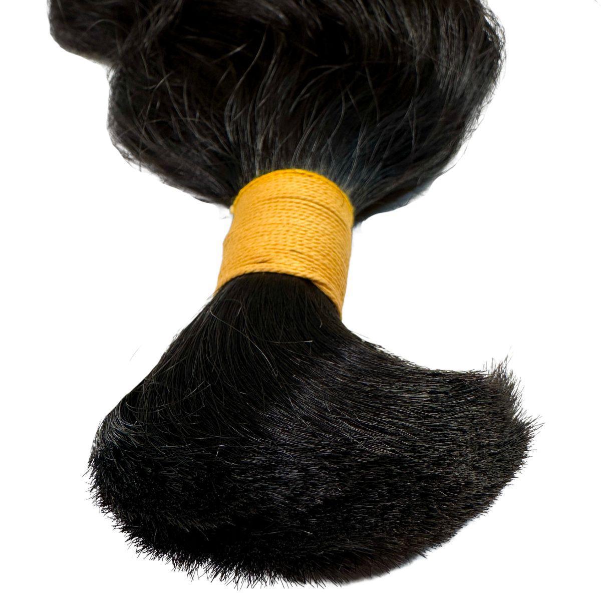 Hair Extensions - Raw Indian Curly Bulk Human Braiding Hair - Natural Black (1B) - bulk hair bundle with band close-up