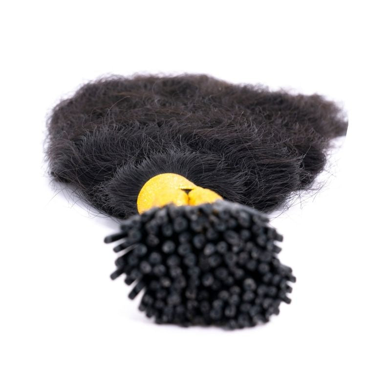 Hair Extensions - Raw Indian Curly I-Tip - Natural Black (1B) - i-tips with keratin bonds close-up