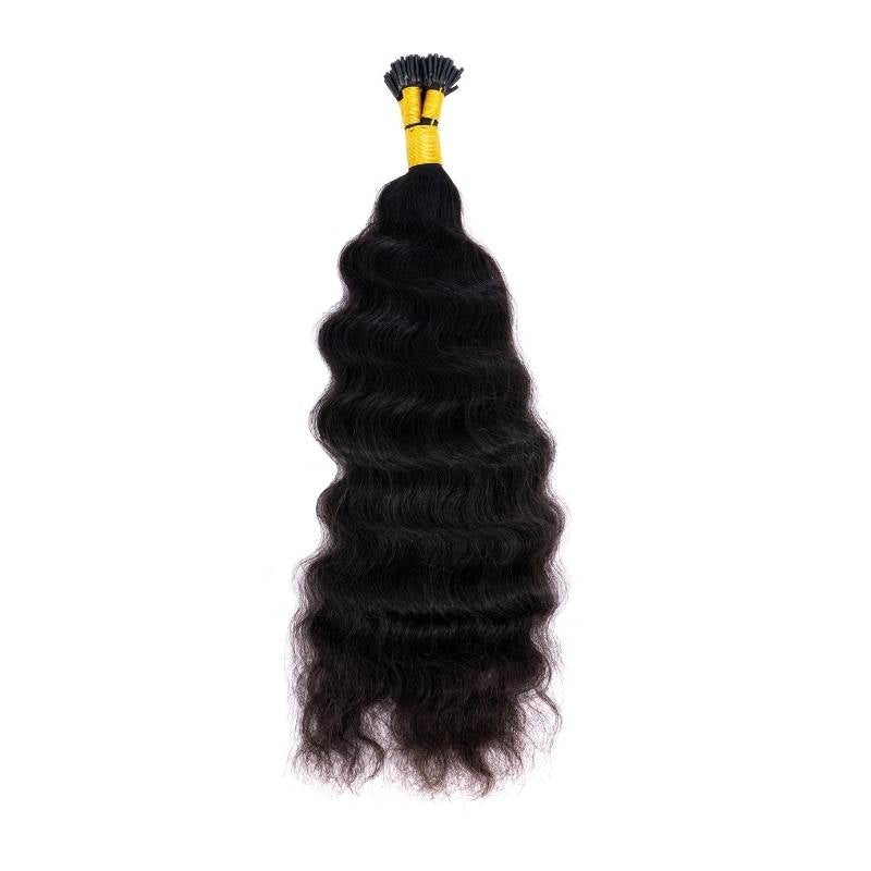 Hair Extensions - Raw Indian Curly I-Tip - Natural Black (1B) - i-tips full length curly strand