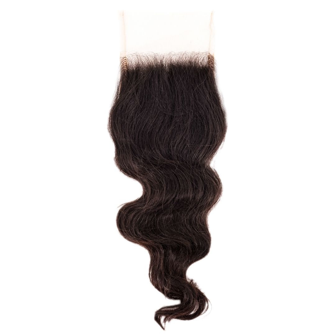 Hair Extensions - Raw Indian Wavy 4x4 Transparent Closure - Natural Black (1B) - closure piece top view