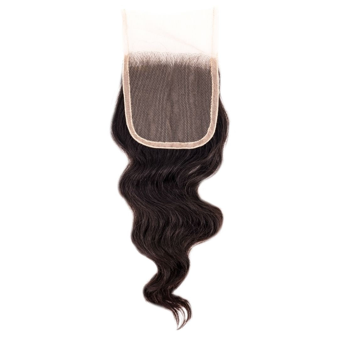 Hair Extensions - Raw Indian Wavy 4x4 Transparent Closure - Natural Black (1B) - closure piece with lace base top view