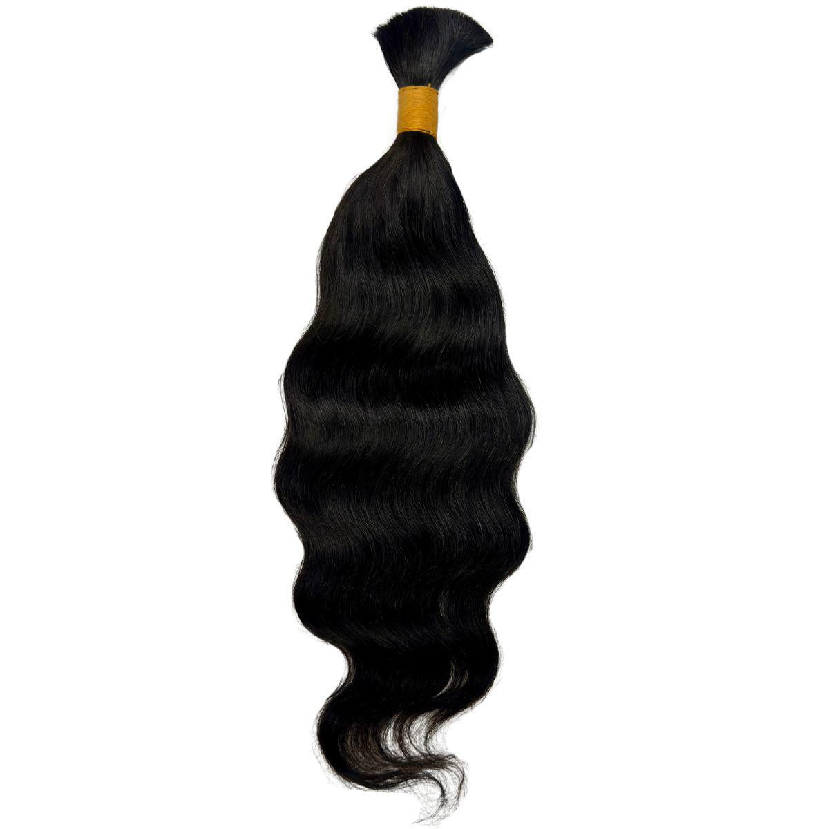 Hair Extensions - Raw Indian Wavy Bulk Human Braiding Hair - Natural Black (1B) - full bundle length display