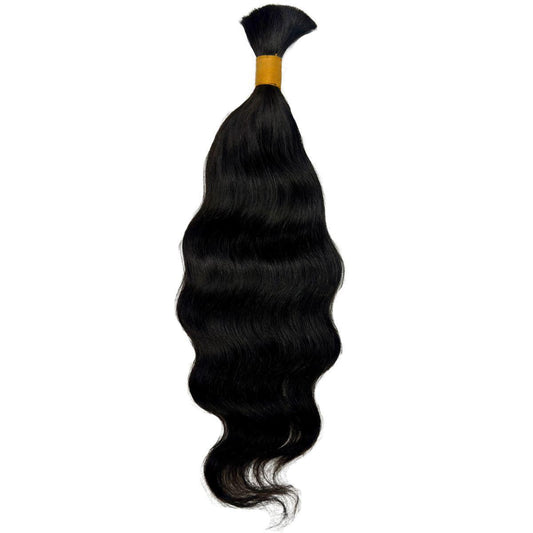 Hair Extensions - Raw Indian Wavy Bulk Human Braiding Hair - Natural Black (1B) - full bundle length display