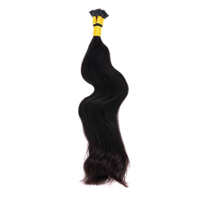 Hair Extensions - Raw Indian Wavy I-Tip - Natural Black (1B) - full set hanging showing length
