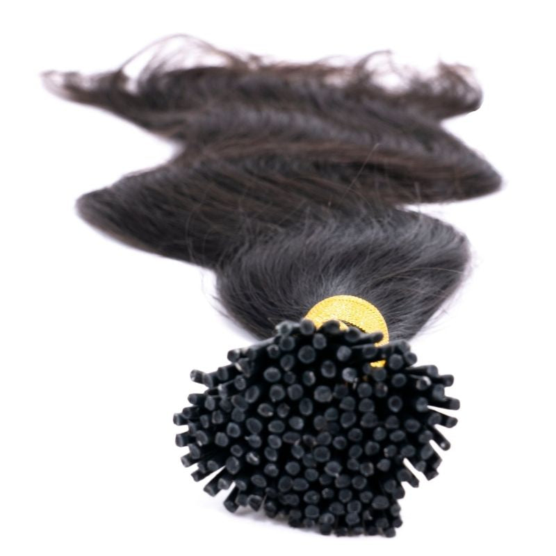 Hair Extensions - Raw Indian Wavy I-Tip - Natural Black (1B) - i-tips with keratin bonds close-up