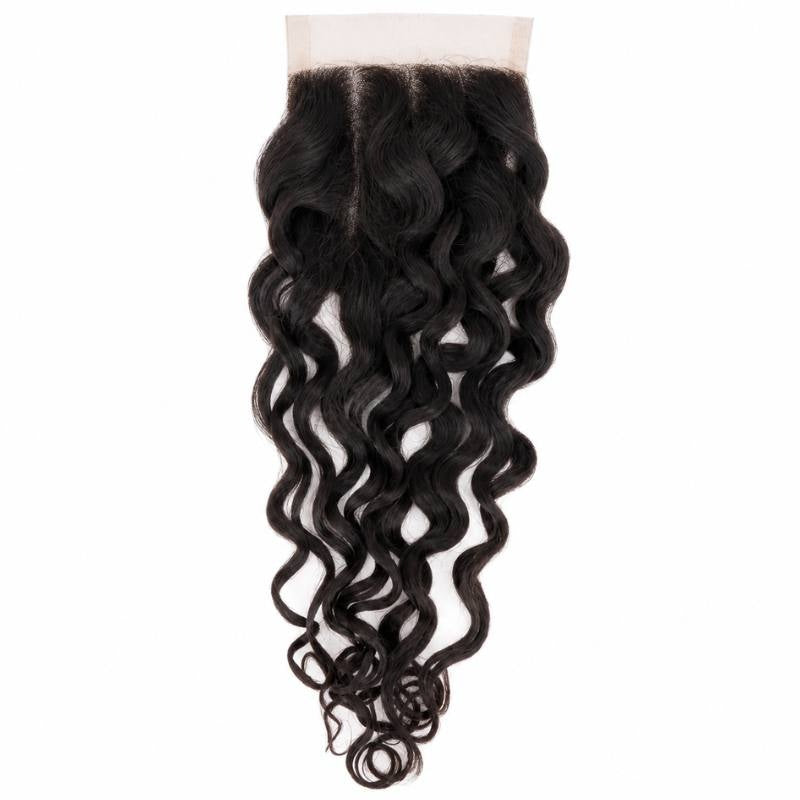Natural black spiral wave transparent lace closure hair extensions shown in full from the front with the square lace panel at the top
