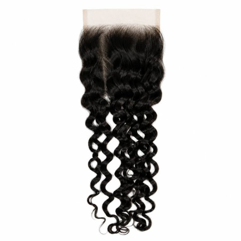 Natural black spiral wave lace closure hair extensions shown from the front with a parting through the lace panel and curls to the tips