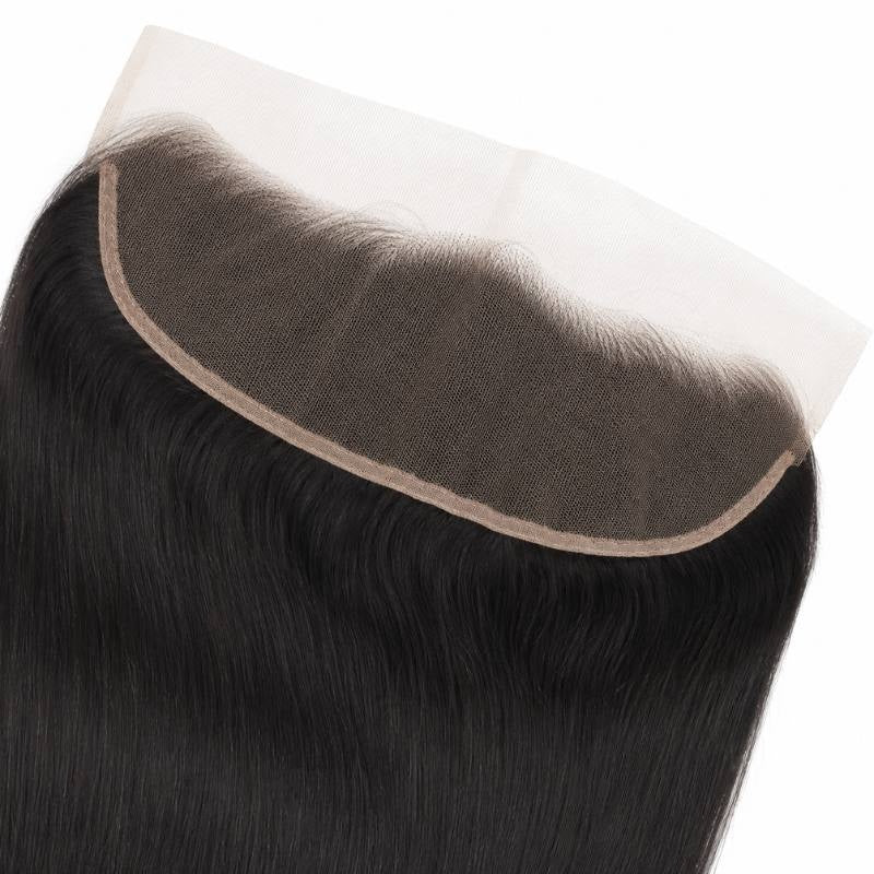Close-up of the curved lace panel and hairline on natural black straight lace frontal hair extensions