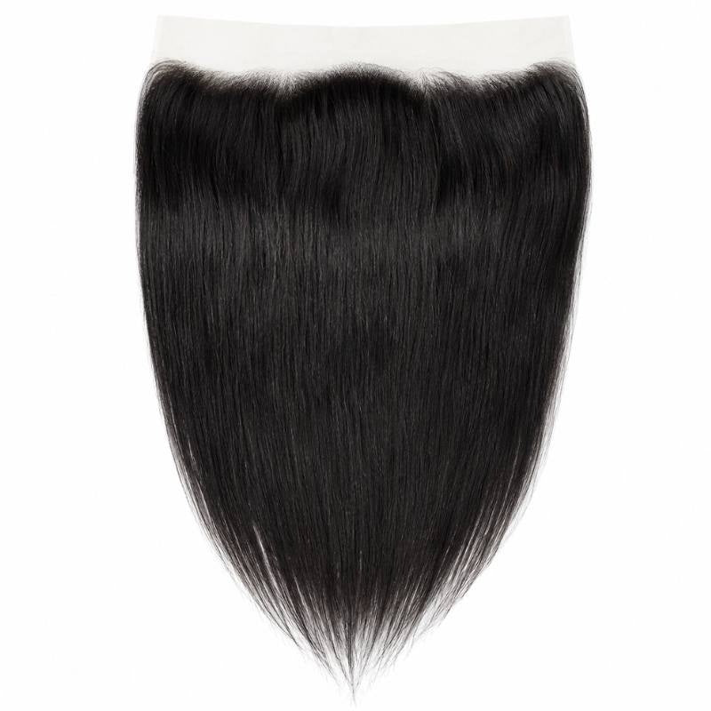 Natural black straight lace frontal hair extensions laid flat with the hair parted across the lace panel and falling smooth