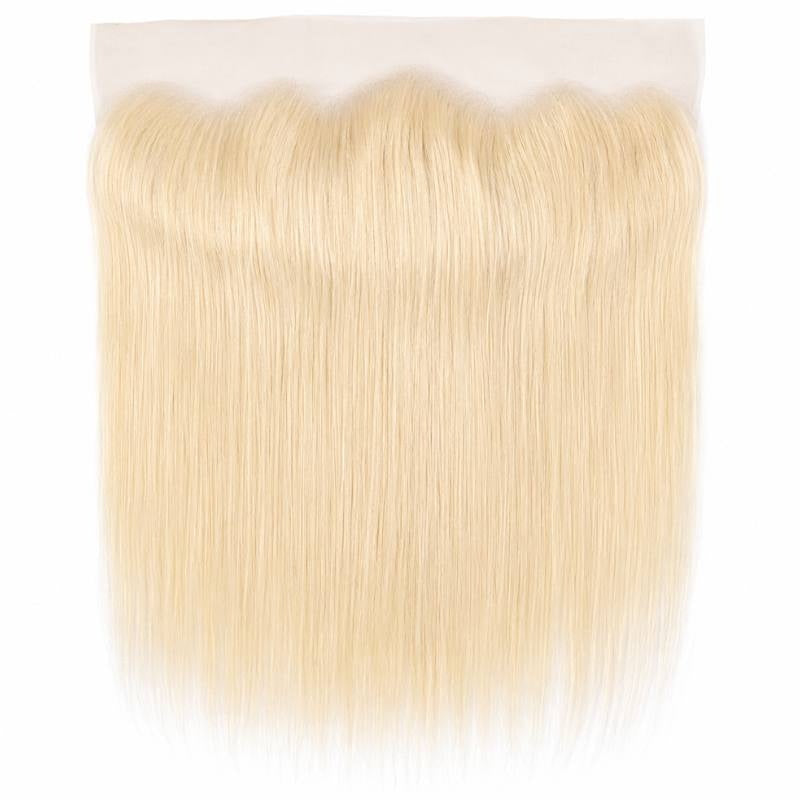 Blonde straight transparent lace frontal hair extensions laid flat showing the full lace strip and the smooth hair below the hairline