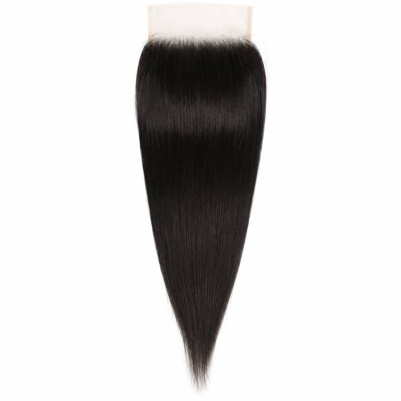 Natural black straight transparent lace closure hair extensions shown from the front with the square lace panel and smooth hair to the tips