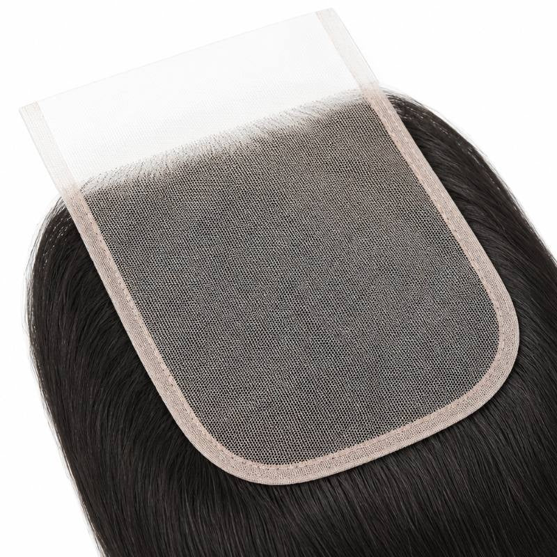 Close-up of the square lace panel and bound edge on natural black straight transparent lace closure hair extensions