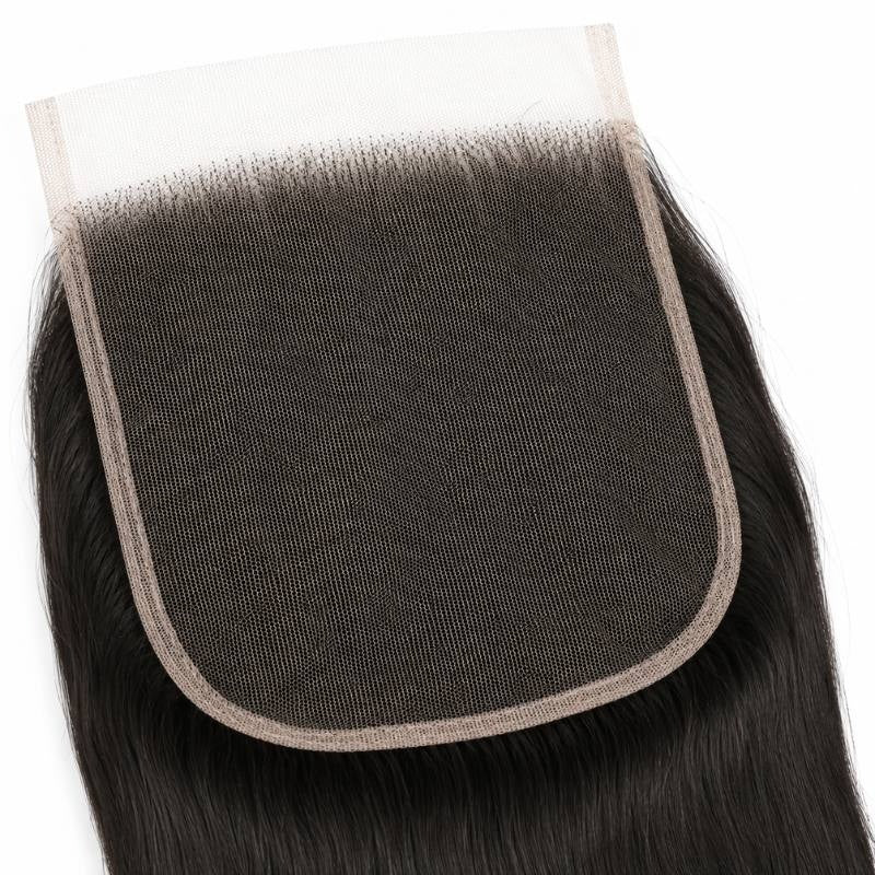 Macro close-up of the lace base and knotted hairline on natural black straight lace closure hair extensions